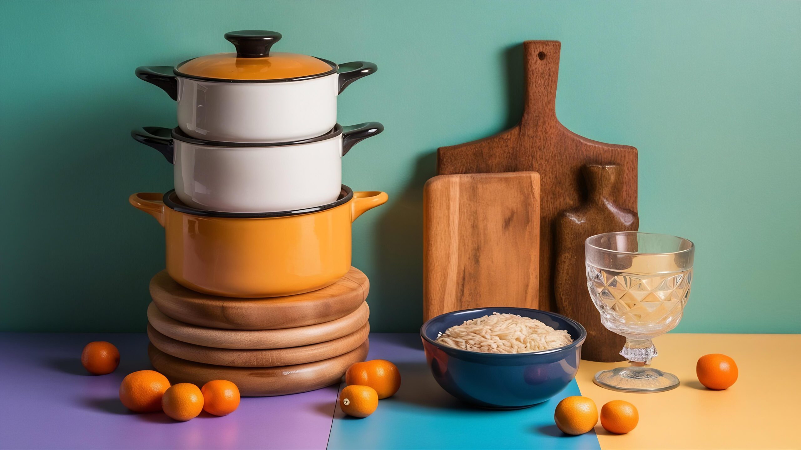 top view fresh kumquats stacked pots wooden cutting boards glass goblet rice colorful surface scaled